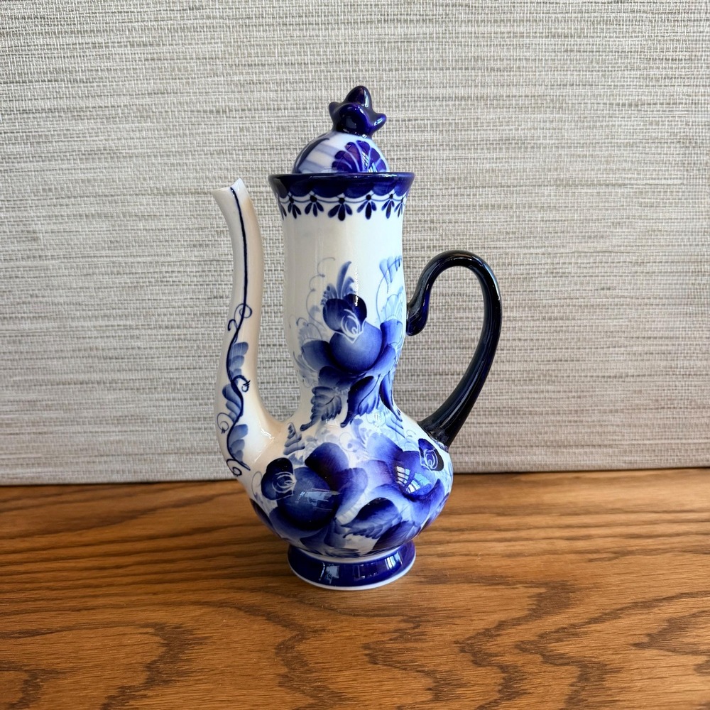Vintage 1992 Signed Russian Gzhel Porcelain Decanter Ewer Handpainted Blue White